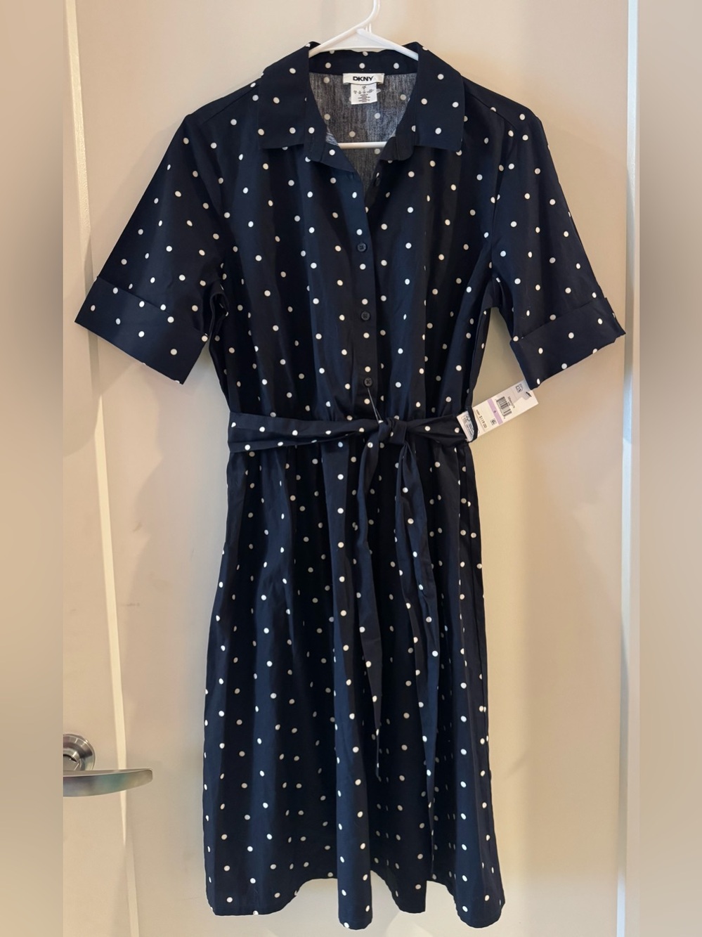 DKNYC Navy and White Polka Dot Shirt Dress with Tie Belt